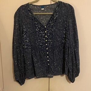 Old Navy Navy Blue Floral Blouse with Buttons